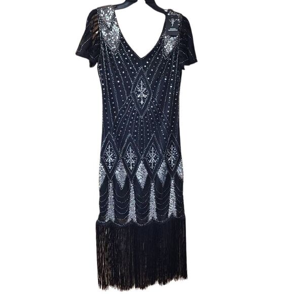 Vijiv Black 1920s Sequin Beaded Flapper Dress Fringe Gatsby Style Size Small - Picture 2 of 9